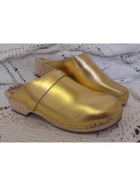 Lotta From Stockholm Retired Gold Metallic Leather Swedish Wooden Clogs Sz 41